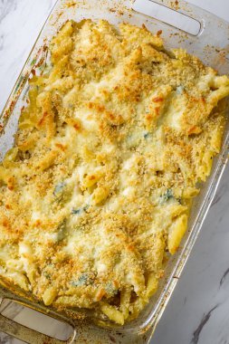 Parmesanlı ve mozzarella peynirli makarna ve panko ekmek kırıntılarıyla kaplı kremalı fırında tavuk.