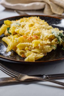 Parmesanlı ve mozzarella peynirli makarna ve panko ekmek kırıntılarıyla kaplı kremalı fırında tavuk.