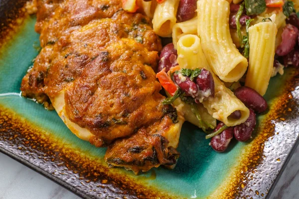 Greek Hasselback Chicken Sundried Tomato Red Pesto Mozzarella Cheese Side — Stock Photo, Image