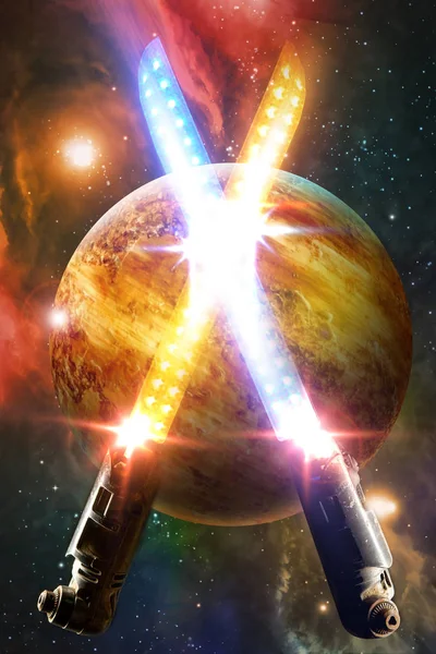 Planet mars with alien lightsword weapons crossing plasma beams