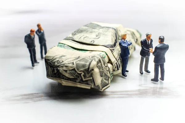 Miniature Businessman Makes Deal Car Salesman Expensive Sports Car — Stock Photo, Image