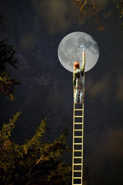 Ambiciózní Malíř Stoupá Žebřík Měsíc Pojmová Metafora Pro Dosah Pro — Stock fotografie