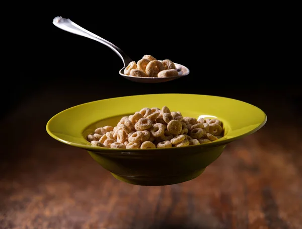 Bowl Oat Cereal Rings Floating Air Traditional American Breakfast Concept — Stock Photo, Image