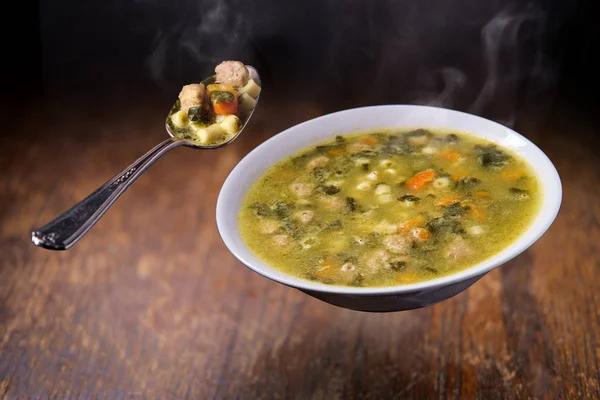 Bowl Hot Steamy Italian Wedding Soup Floats Air Rustic Wooden — Stock Photo, Image