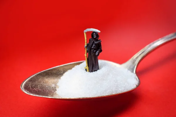 Grim Reaper Staat Lepel Cocaïne Als Metafoor Waarschuwing Voor Gevaren — Stockfoto