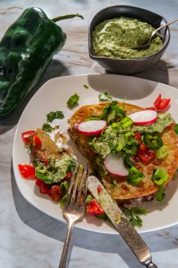 Meksika usulü sığır fileto biftek carne asada mulitas quesadillas ile taze taze poblano biber verde sosu