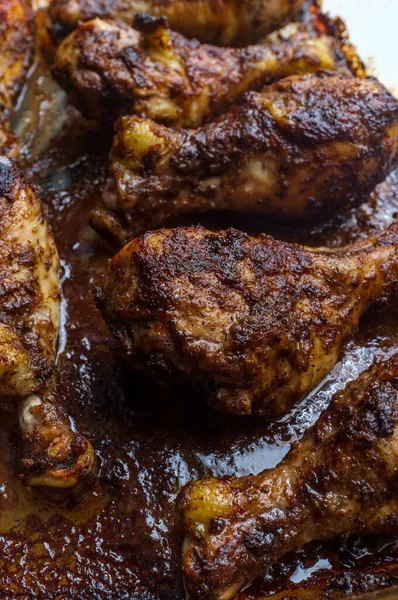 Cooking Baked Authentic Spicy Jamaican Jerk Chicken Legs Oven Using — Stock Photo, Image