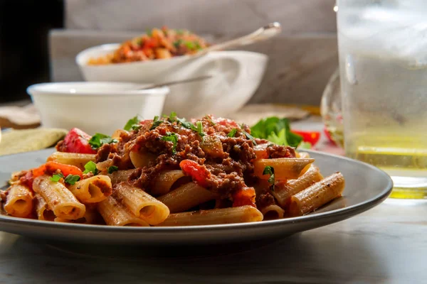 Authentic Italian Dinner Penne Ragu Alla Bolognese Stock Image