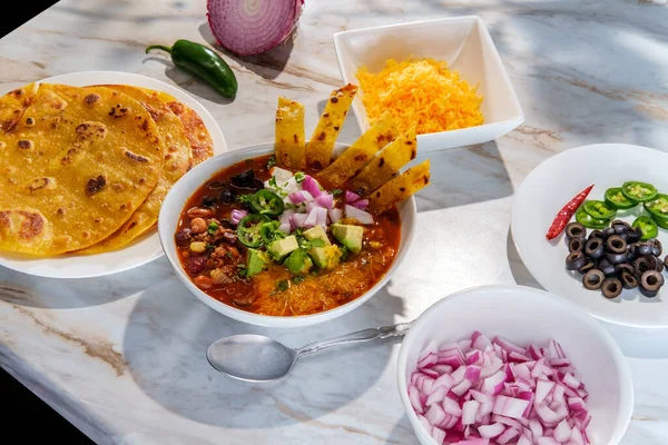 Mexican Beef Taco Soup Pinto Beans Garnishes — Stock Photo, Image
