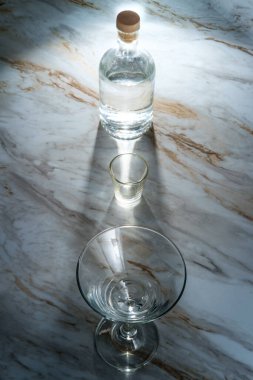 Shot ve şişe ile soyut dramatik ışıklandırmalı Cin martini bardağı