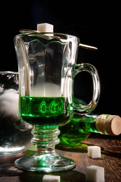 Green Absinthe Liquor Glass Ice Water Pour Sugar Cube — Stock Photo, Image