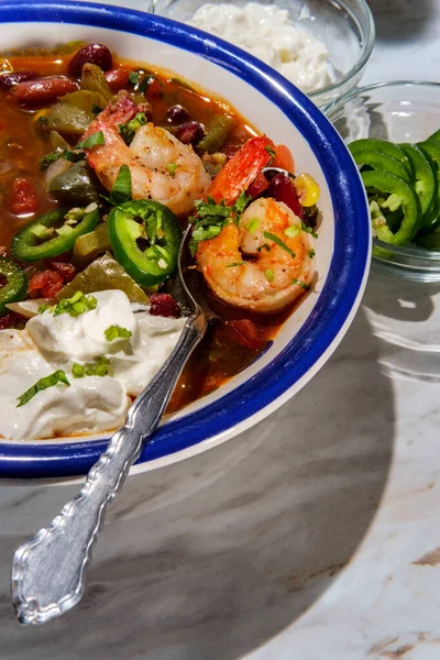 Hot Spicy Bowl Chili Con Carne Shrimp Jalapeno Sour Cream — Stock Photo, Image