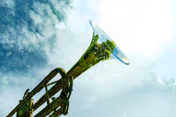 Abstrakt Dubbel Exponering Natur Och Gamla Rostiga Musikinstrument Trumpet — Stockfoto