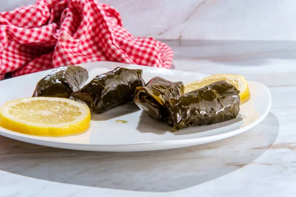 Dolma Yaprak Armenio Hojas Uva Rellenas Decoradas Con Rodajas Limón —  Fotos de Stock