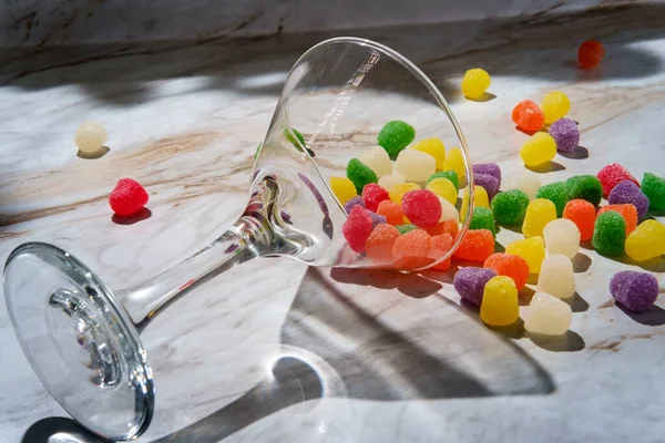 Granulated Sugar Coated Candy Gumdrops Spilled Martini Glass — Stok Foto