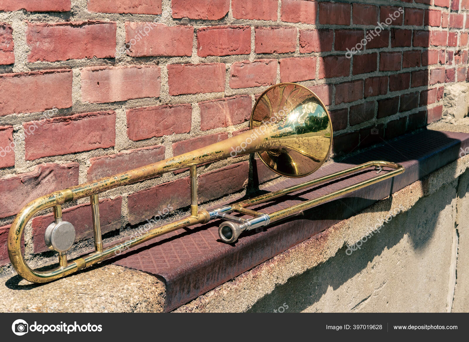 Old Rusty Vintage Trombone Leans Brick Building Jazz Club Stock