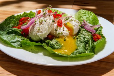 Kırmızı soğanlı marul yatağında yumurta ve yumurta, tuz ve biber karışımı kırmızı soğan.