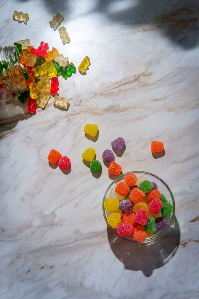 Granulated Sugar Coated Candy Gumdrops Spilled Jar Gummy Bear Background — Stok Foto