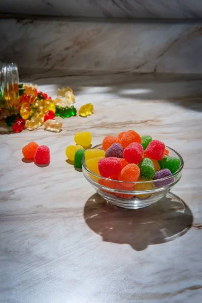 Granulated Sugar Coated Candy Gumdrops Spilled Jar Gummy Bear Background — Stok Foto