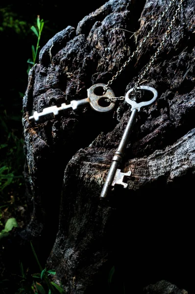 Старі Антикварні Ключі Від Металевого Ланцюга Прикріплені Старого Дерев Яного — стокове фото