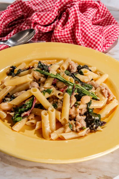 Italian White Wine Alfredo Penna Pasta Sausage Cannellini Red Chard — Stock Photo, Image