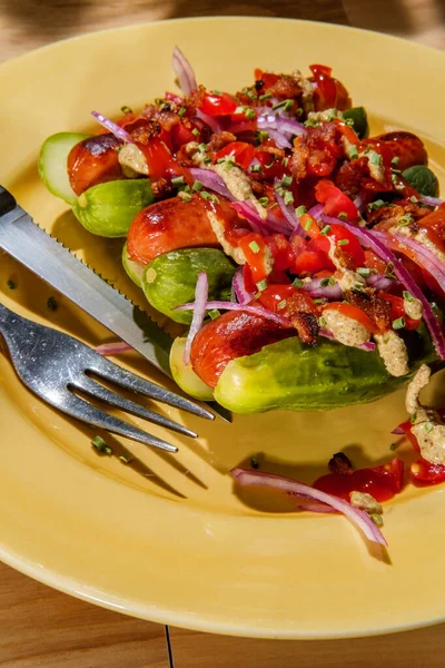 Pepinillo Para Bollo Sin Gluten Hot Dogs Con Rodajas Cebolla —  Fotos de Stock