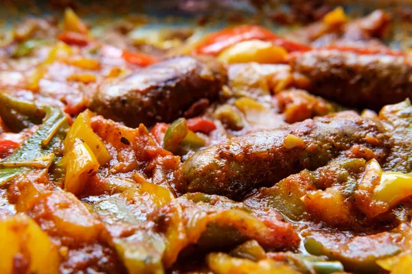 Cooking One Pot Italian Sausage Onions Peppers Potatoes Spicy Marinara — Stock Photo, Image