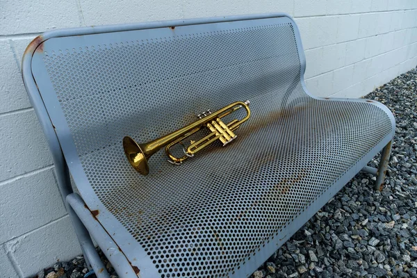 Vieja Trompeta Oxidada Instrumentos Jazz Abandonada Banco Del Parque — Foto de Stock