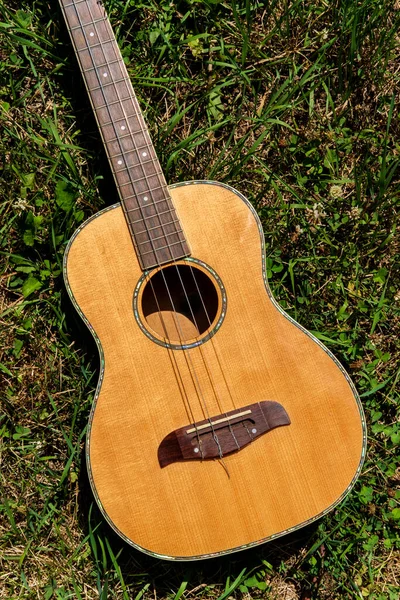 Acoustic Baritone Ukulele Guitar Laying Grass Field — Stock Photo, Image
