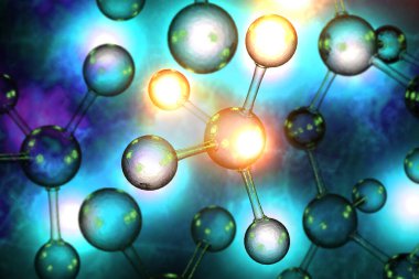 Renkli atomik parçacık arkaplan bilimi 3D illüstrasyonunu kapat