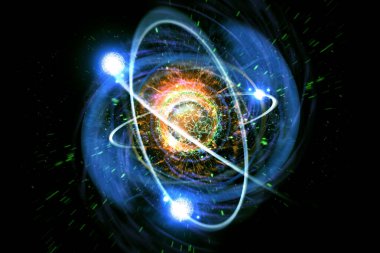 Renkli atomik parçacık arkaplan bilimi 3D illüstrasyonunu kapat