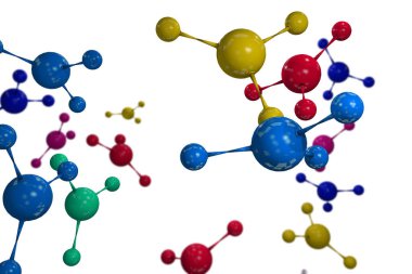 Renkli atomik parçacık arkaplan bilimi 3D illüstrasyonunu kapat