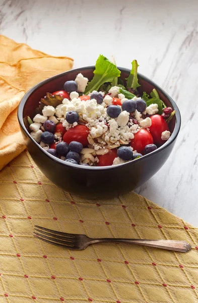 Bowl Blueberry Fruit Salad Crumbled Goat Cheese Almonds — Stock Photo, Image