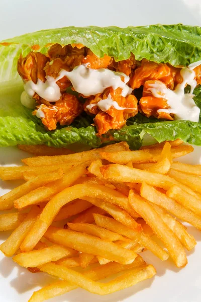 Gluten Free Buffalo Chicken Lettuce Sandwich Wrap Crispy French Fries — Stock Photo, Image