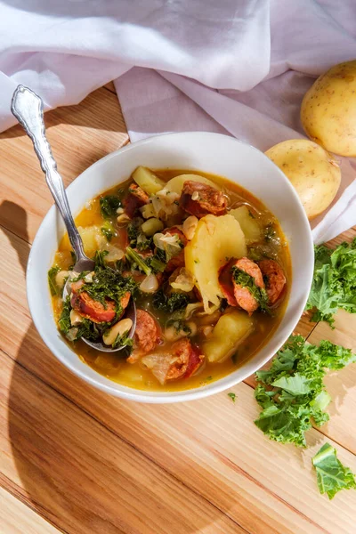 Soupe Traditionnelle Portugaise Saucisse Caldo Verde Linguica Aux Pommes Terre — Photo