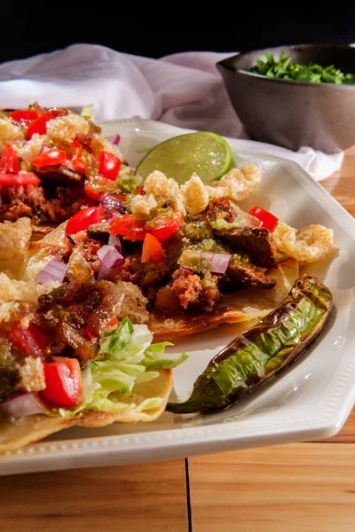 Salsicha Longaniza Mexicana Tacos Rua Bife Campechanos Com Rinds Porco — Fotografia de Stock