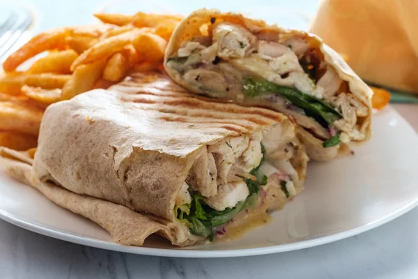 Chicken Caesar Salad Wrap Sandwich Romaine Lettuce French Fries — Stock Photo, Image