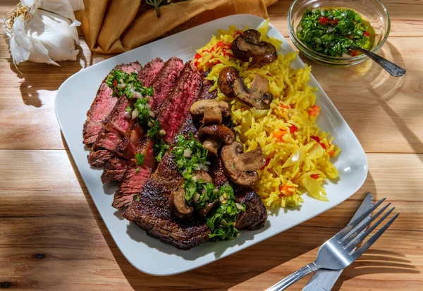 Juicy Rare Chimichurri Verde Grilled Club Steak Yellow Rice Mushrooms — Stock Photo, Image