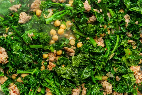 Cooking Italian Spicy Sausage Broccoli Rabe Pot Kitchen Stove — Stock Photo, Image