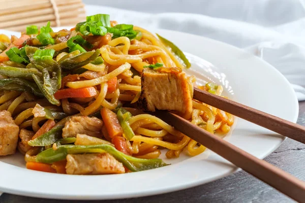 Eating Japanese Chicken Yakisoba Noodles Chopsticks Stock Picture