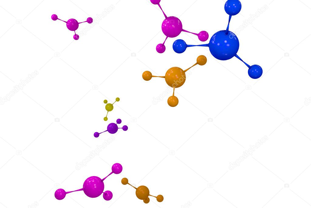 Close up of colorful atomic particle background science 3D illustration