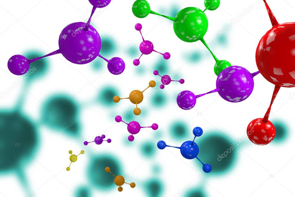Close up of colorful atomic particle background science 3D illustration