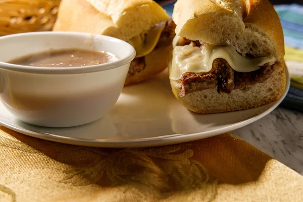 Cheesy French Dip Beef Sandwich Melted Provolone Cheese — Stock Photo, Image