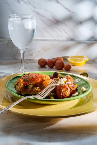 Greek Skin Bone Chicken Thighs Salmoriglio Sauce Manzanilla Kalamata Olives — Stock Photo, Image