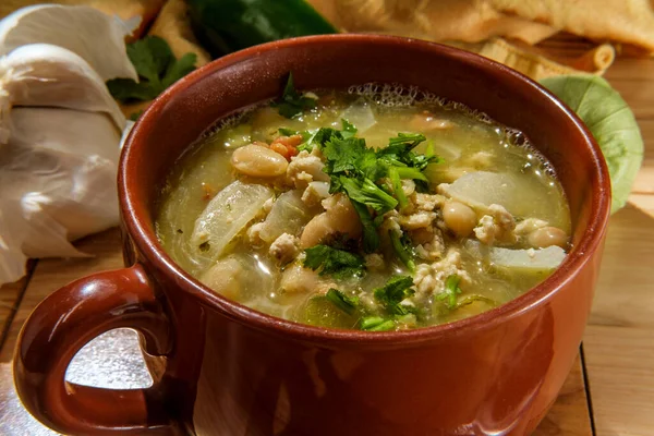 Chile Verde Cerdo Molido Con Carne Con Tomatillo Frijoles Marinos —  Fotos de Stock