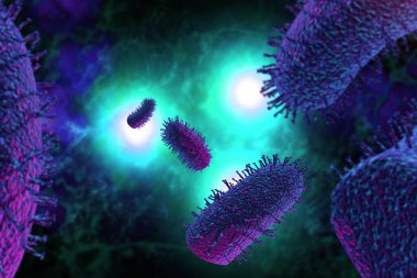 Pembe kuduz virüsü mikroskobik hücreleri pembe arka planda 3 boyutlu resimleme