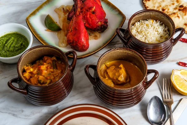 Indian Vegetable Korma Curry Lamb Rogan Josh Tandoori Grill Platter — Stock Photo, Image