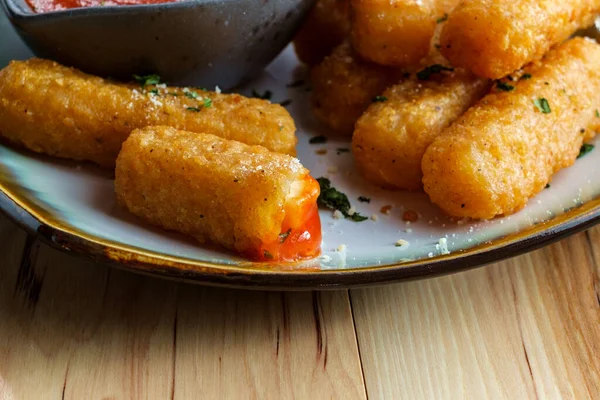 Breaded Fried Mozzarella Cheese Sticks Tomato Marinara Dipping Sauce — Stock Photo, Image