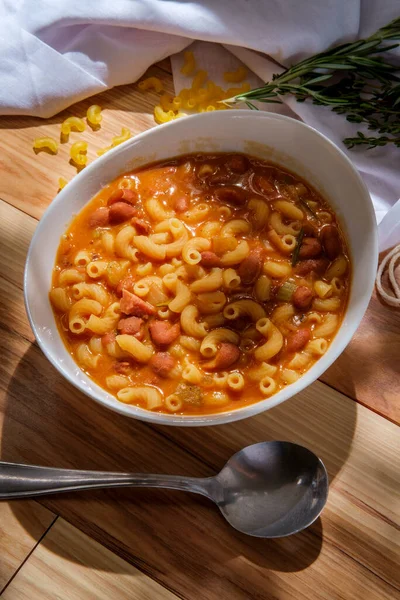 Sopa Feijão Tradicional Italiano Macarrão Fagioli Com Macarrão Cotovelo Sem — Fotografia de Stock