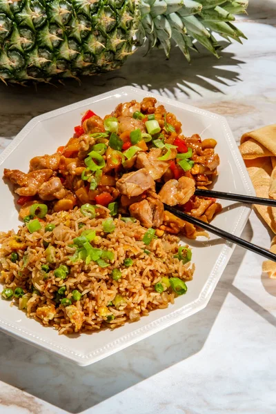 Asian cashew pineapple chicken with plain fried rice